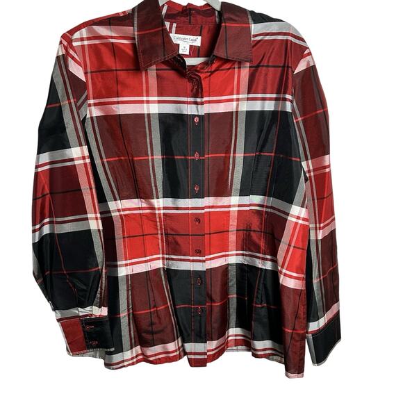 Coldwater Creek Women’s Plus Size Silk Blouse Plaid Black Red 1x Career Classic - Picture 1 of 8